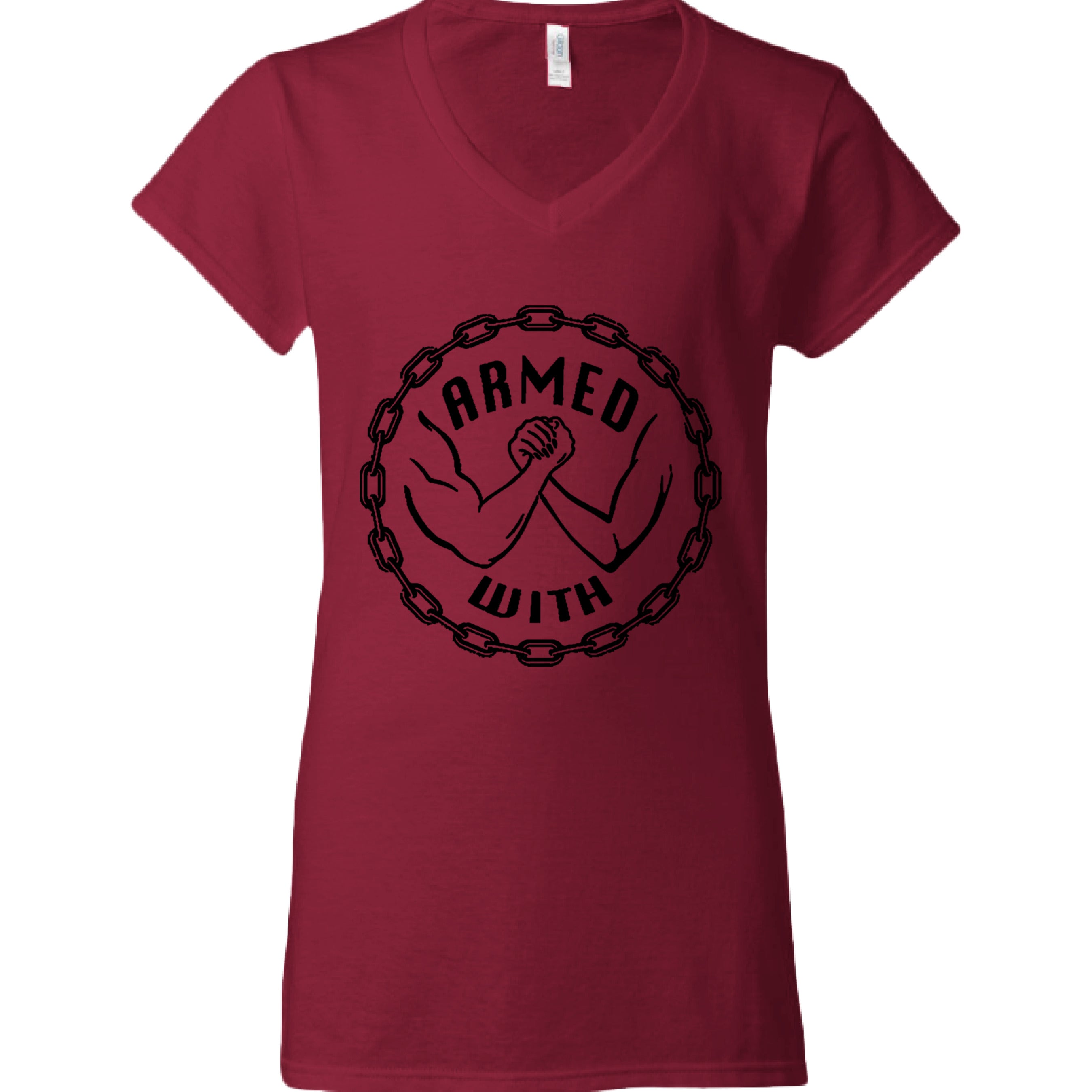 Armed With Black V-Neck Tee CHERRY RED - FRONT