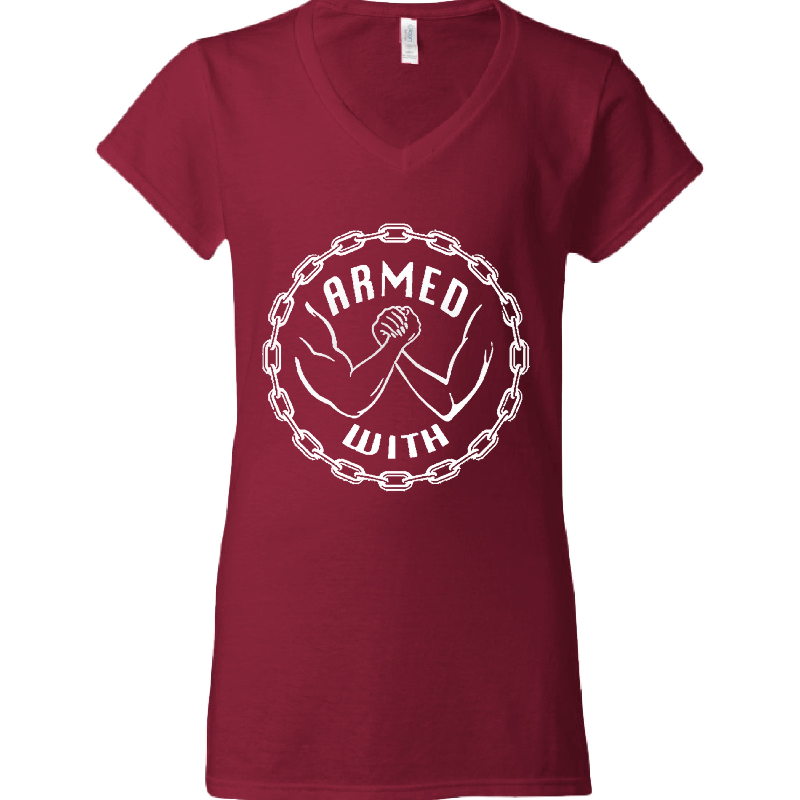 Armed With White V-Neck Tee CHERRY RED - FRONT