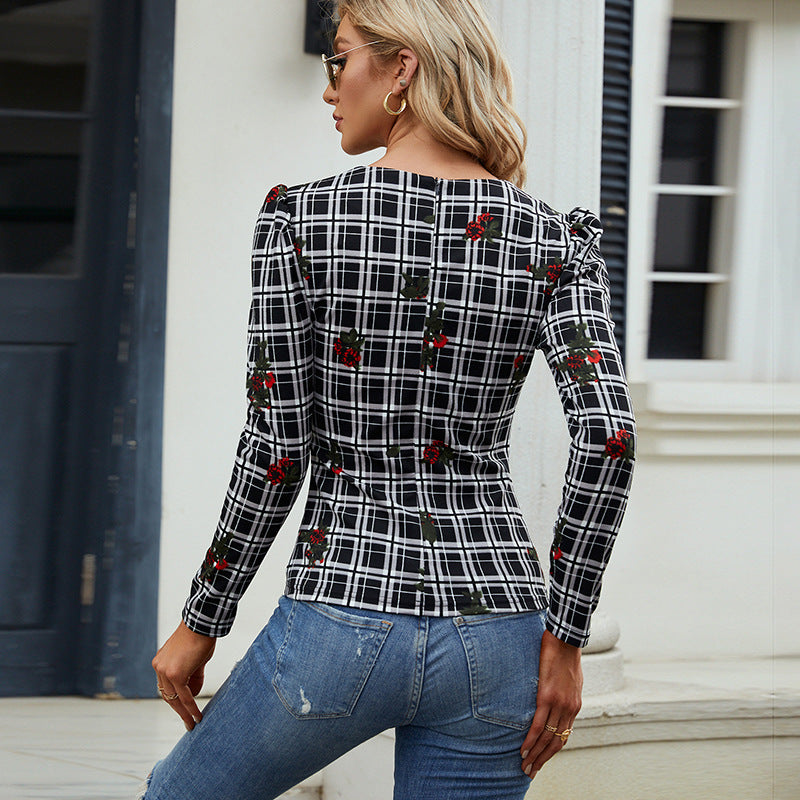 European And American Winter New Season Plaid Printed Long-Sleeved T-Shirt