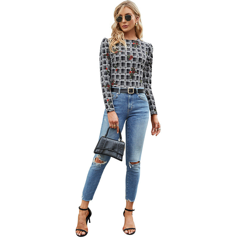 European And American Winter New Season Plaid Printed Long-Sleeved T-Shirt